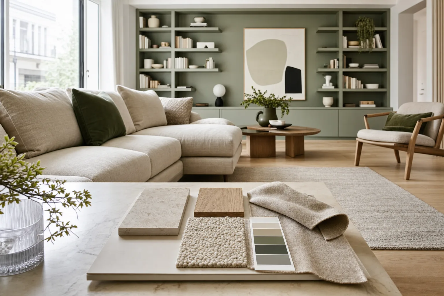 Salon contemporain réaménagé avec canapé en lin, parquet clair et mur vert sauge, planche d'ambiance et échantillons de matériaux au premier plan.