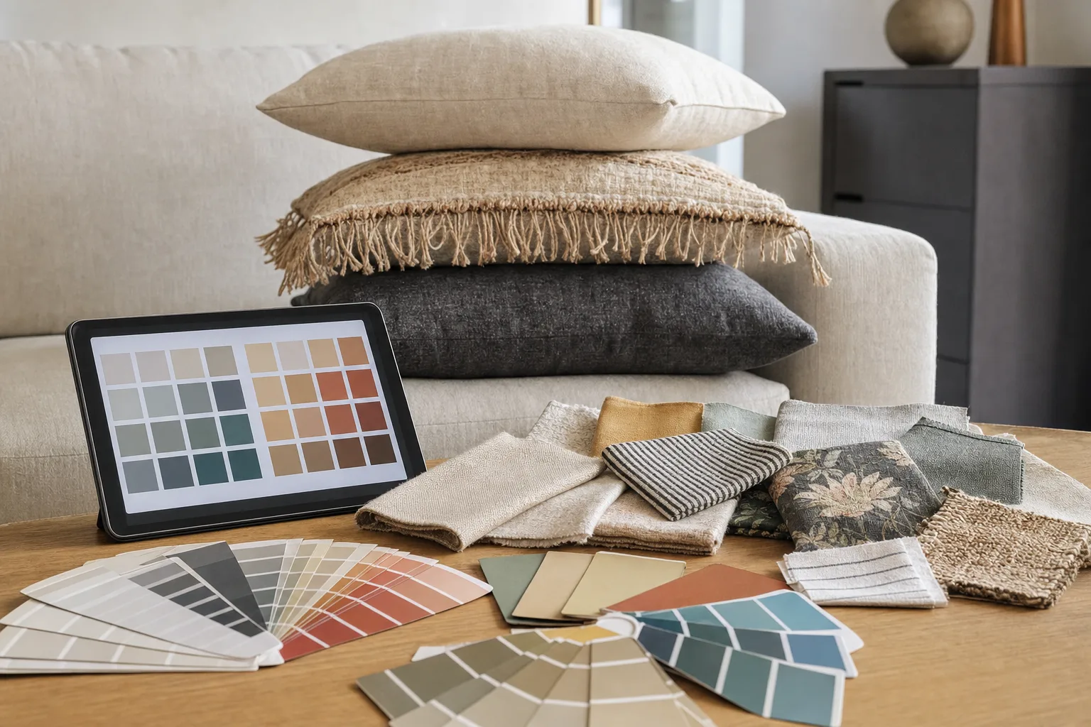Nuanciers de peinture, échantillons de tissus et coussins de styles variés posés sur une table basse devant un canapé.