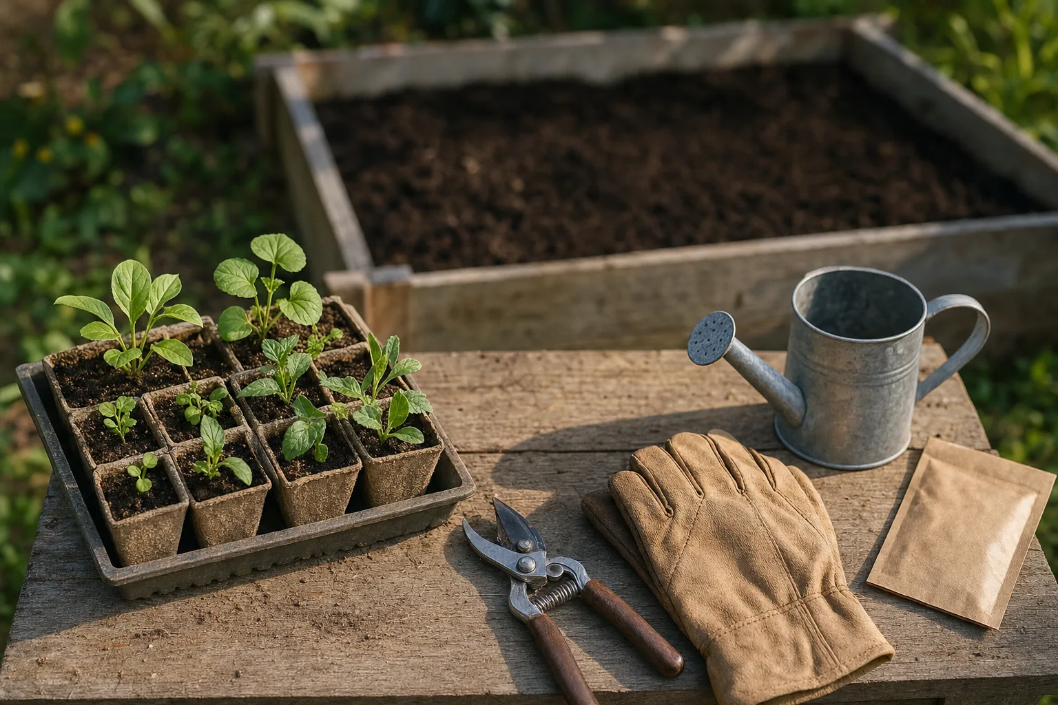 Table de jardinier avec godets de semis, sécateur, gants et arrosoir devant un carré potager fraîchement ratissé.