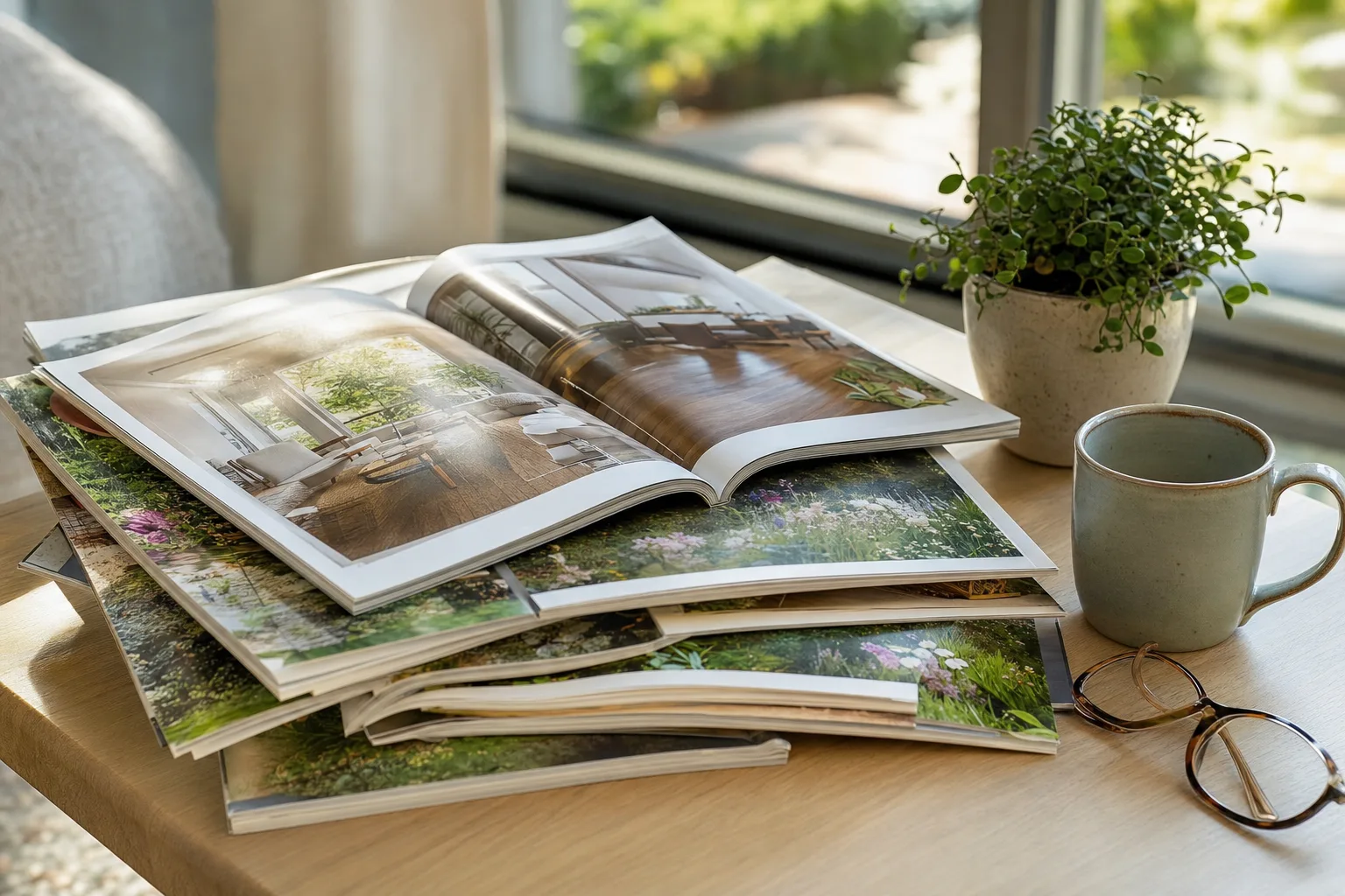Pile de magazines de maison et de jardin ouverts sur une table basse, avec une tasse, des lunettes et une plante verte.