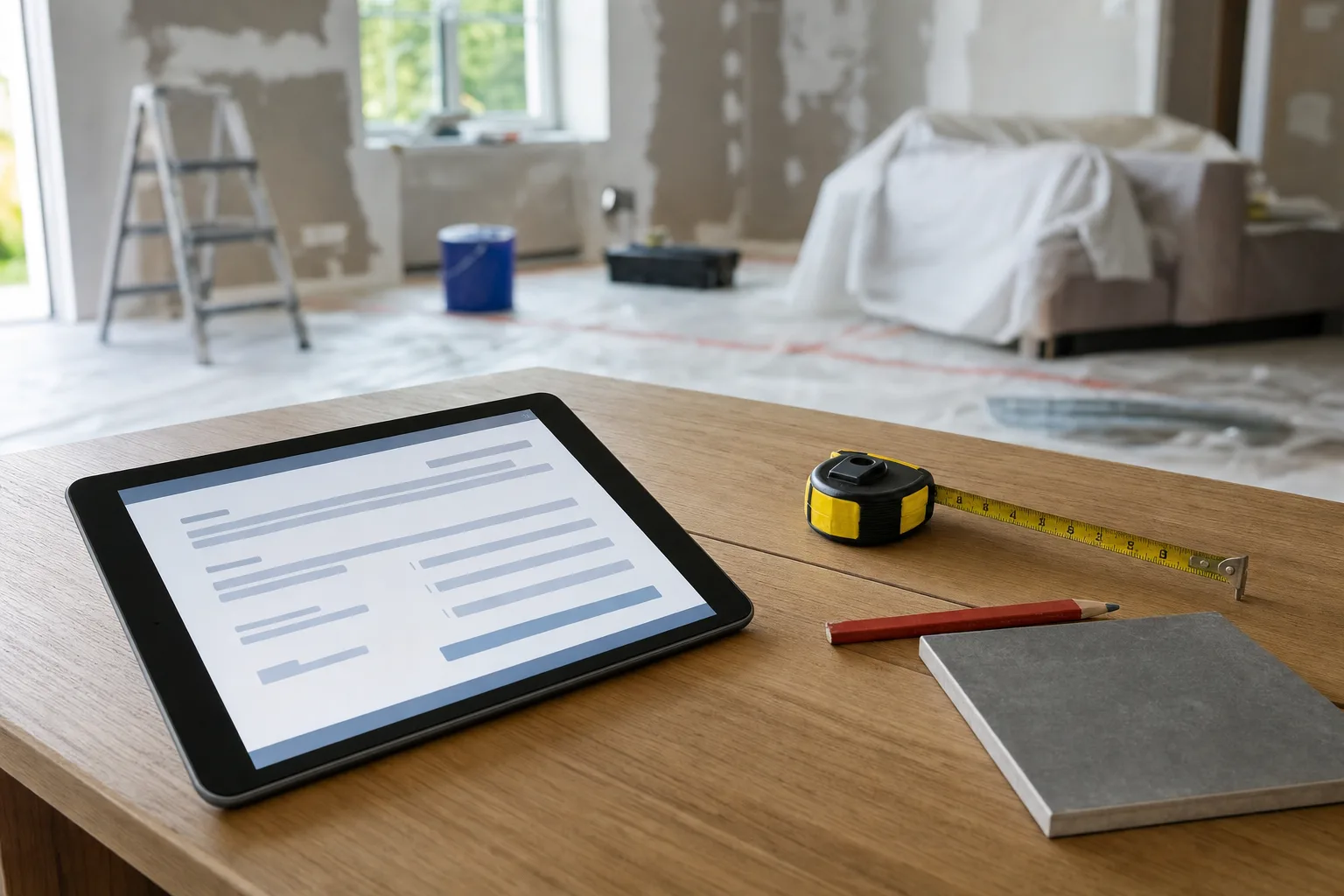 Tablette affichant un formulaire d'estimation, mètre ruban, crayon et échantillon de carrelage posés sur une table devant un salon en rénovation.